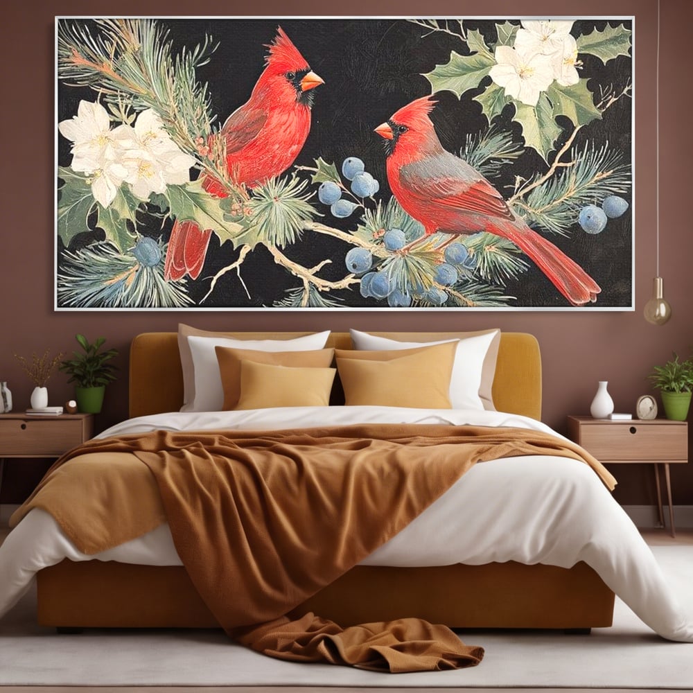 Tablou canvas cu tablou canvas cu doi cardinali pe ramuri, in rama de aluminiu argintiu, pe perete intr-un dormitor